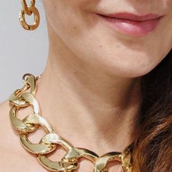 ADORNIA Necklace + Earrings Oversized Curb Chain 14K Yellow Gold Plated 14” Long 