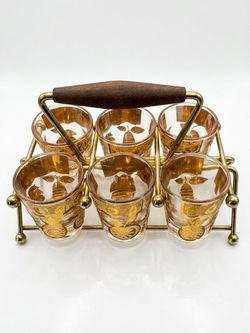 Vintage 1950s Culver Florentine Shot Glass & Caddy Set (22K Gold)