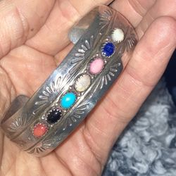 Vintage Navajo Steriing Cuff Bracelet with Various stones 