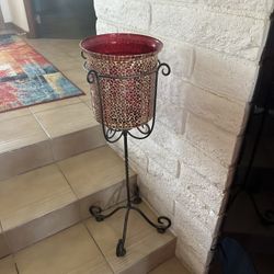Red & Gold Mosaic Candle Holders On Rod Iron Holder 