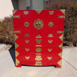 Vintage Korean Red Lacquer Gentleman's Chest / Dresser 51"H