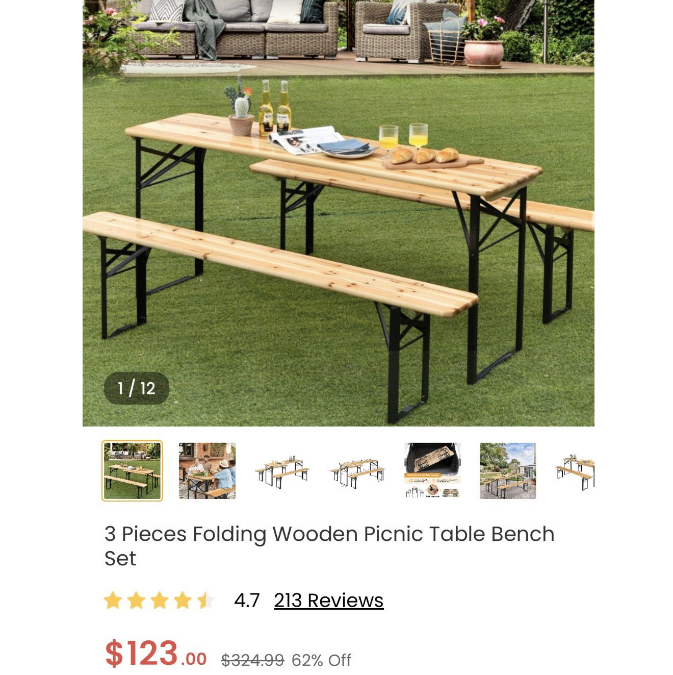 3 Pieces Folding Wooden Picnic Table Bench Set