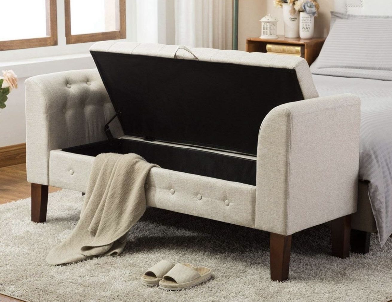 Awonde Upholstered Storage Bench with Arms Ottoman Bench for Bedroom Entryway Living Room ( Oatmeal)(B5)