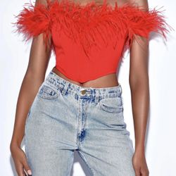 Red Feather Trim Corset Top