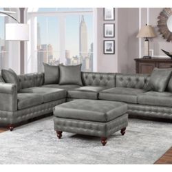 Gray Leatherette Sectional Sofa With Ottoman 