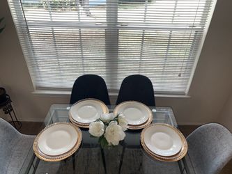 Modern Glass Dining Table Set – 4 Chairs, Rug & Faux Plant Included