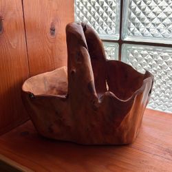 Vintage Hand Carved Burl Wood Tree Root Basket with Handle, 9.5” Tall