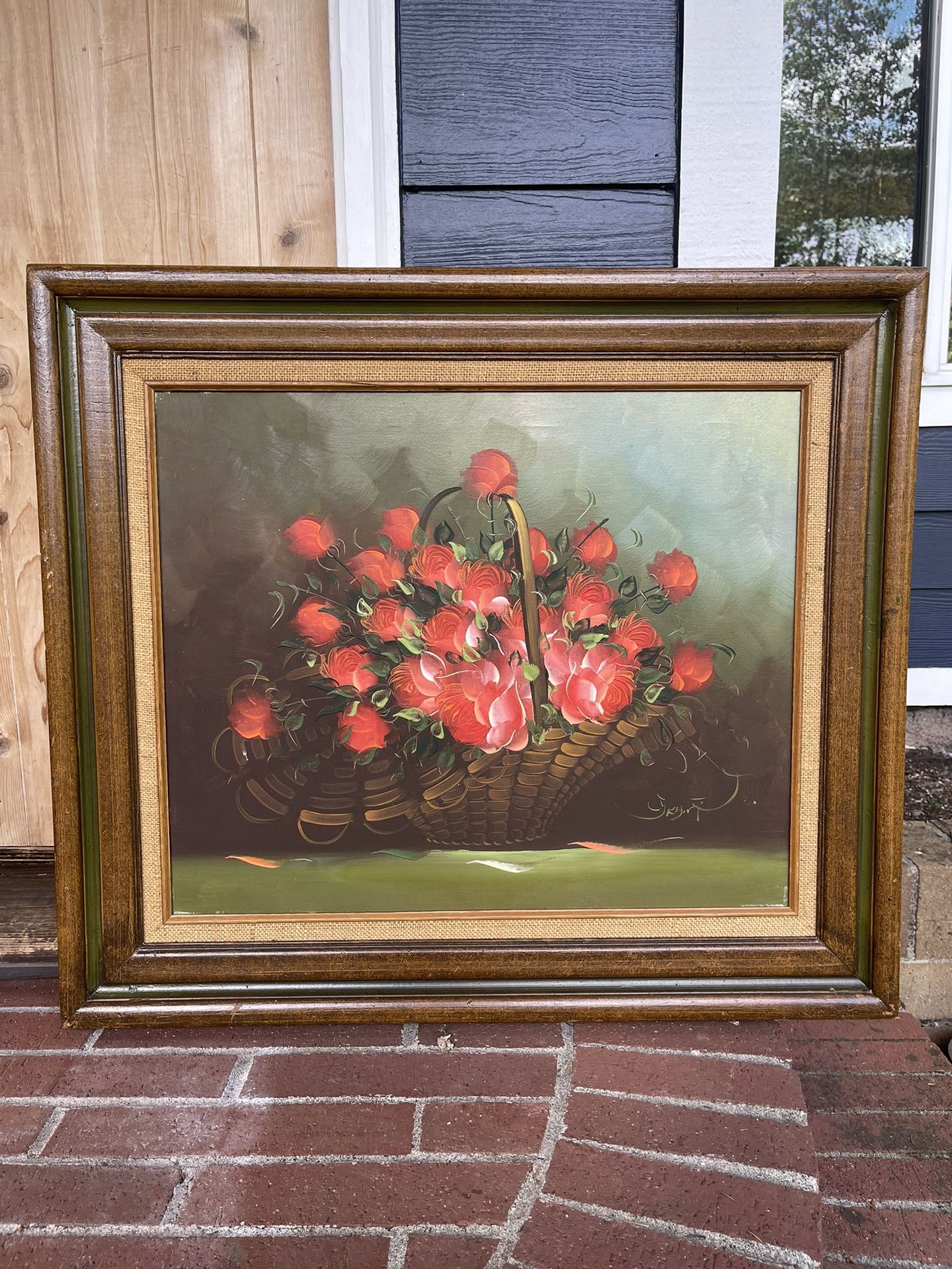 Large Vintage Oil On Canvas Framed Painting Of Florals