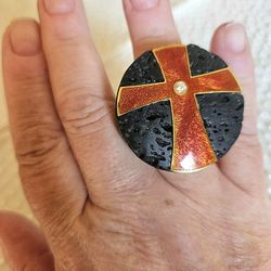 Lava Rock Ring 18k Etched Gold With Orange  Enamel & 3mm Diamond Fits Size 6.25-6.50 Finger