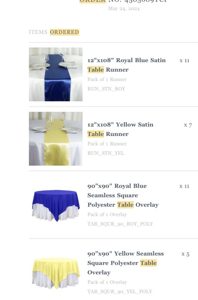 Blue And Yellow Table Overlays  & Table Runners