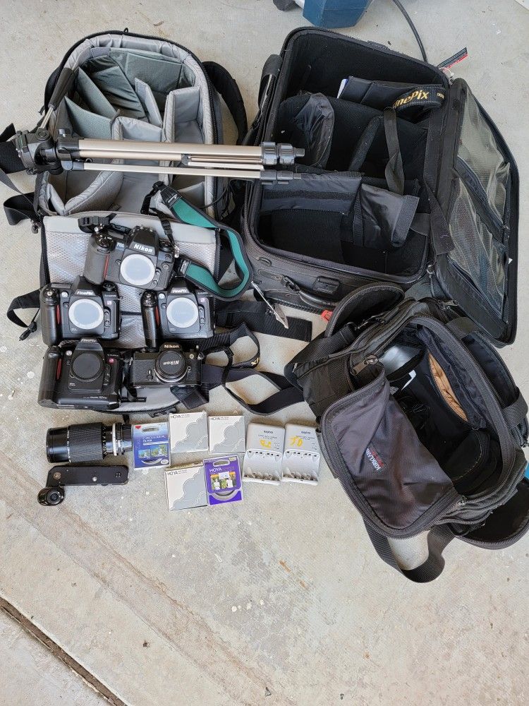Cameras 5 Bodies, 4 Lens, 3  Camera Bags, Tripod, Filters