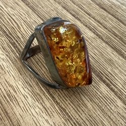 Vintage Amber & Sterling Silver Ring SZ 5.5