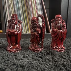 Set of 3 Solid Wood Chinese Figurines – 3” Tall
