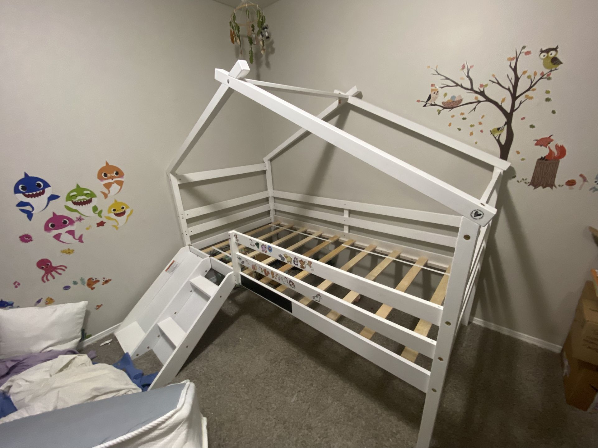 Kids twin size house shaped bed frame with slide and stairs