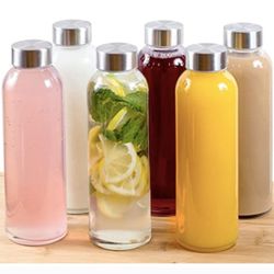 6 Pack of 18 Oz Glass Bottles with Lids Reusable Refillable Water Bottle 