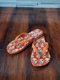 Tory Burch Orange Floral Print Flip Flops Sandals Size 9