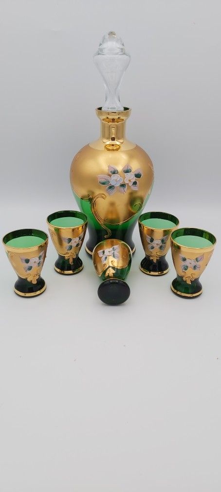 Vintage Venetian 7-Piece Evergreen Crystal Decanter Set With Gold & Enameled Flowers Made In Italy 