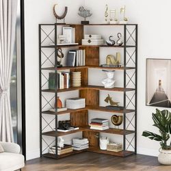 Industrial Style 7-Tier L-Shaped Corner Bookcase Home Office Bookshelf with Metal Frame and Open Storage Shelf ,Brown