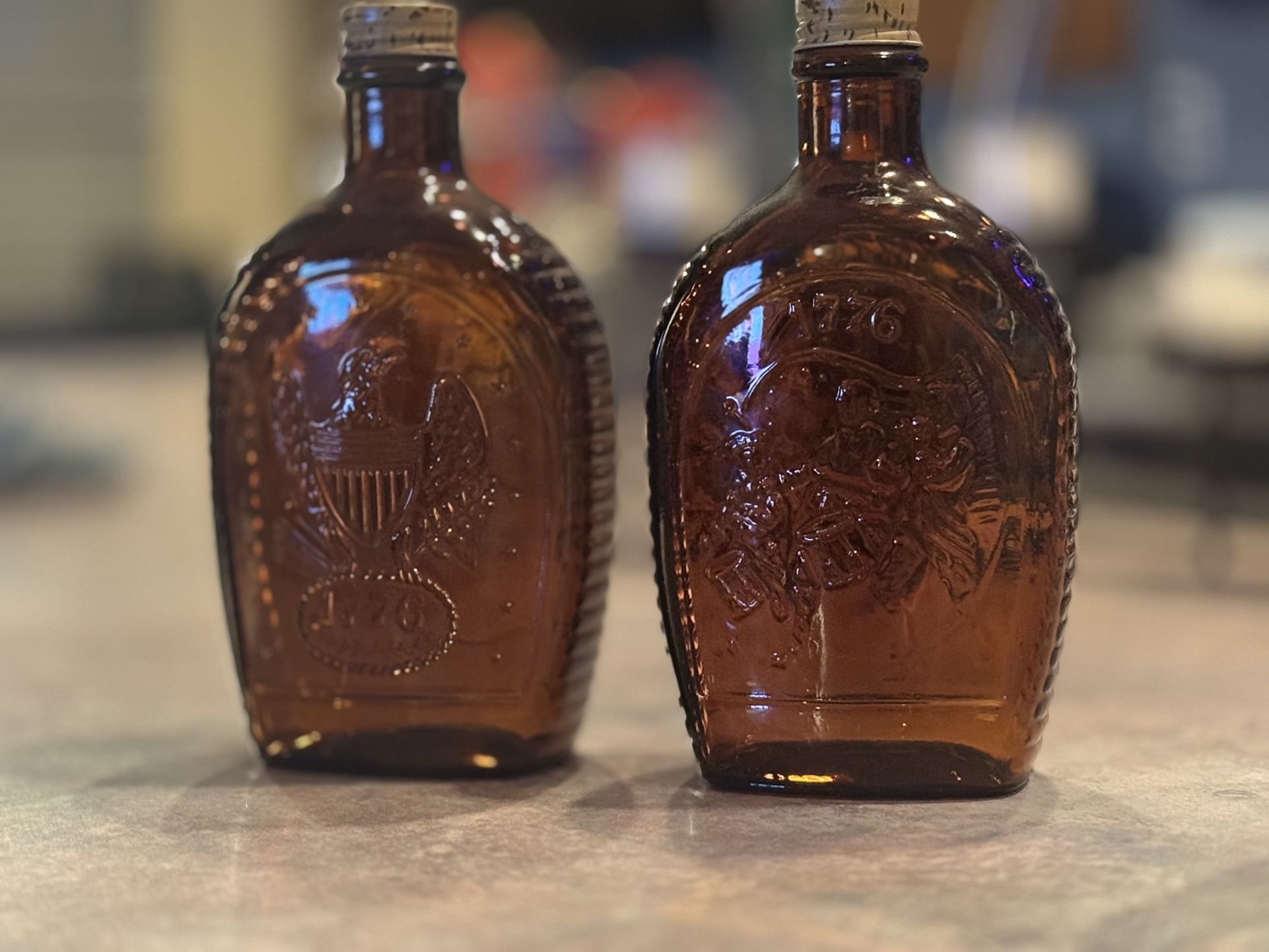 Vintage Glass Pair; Log Cabin Syrup Bottles