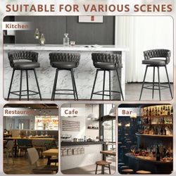 360° Swivel Bar Stools Set of 3, 28 inch Counter Height Bar Stools Modern Barstools with Woven Back and Suede Fabric, Metal Frame & Footrest for Kitch