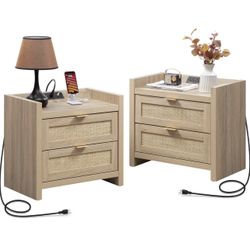 Rattan Nightstands Set of 2 Bedside Table - Bedroom Night Stand with Type-C Charging Station, 2 Drawers Storage - Boho Night Stands End Table for Bedr