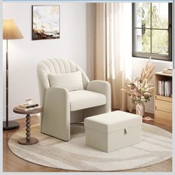 Velvet Tub Chair with Footrest, Modern Upholstered Armchair, Space-Saving Accent Barrel Reading Chair with Storage Lumbar Pillow for Living Room Bedro