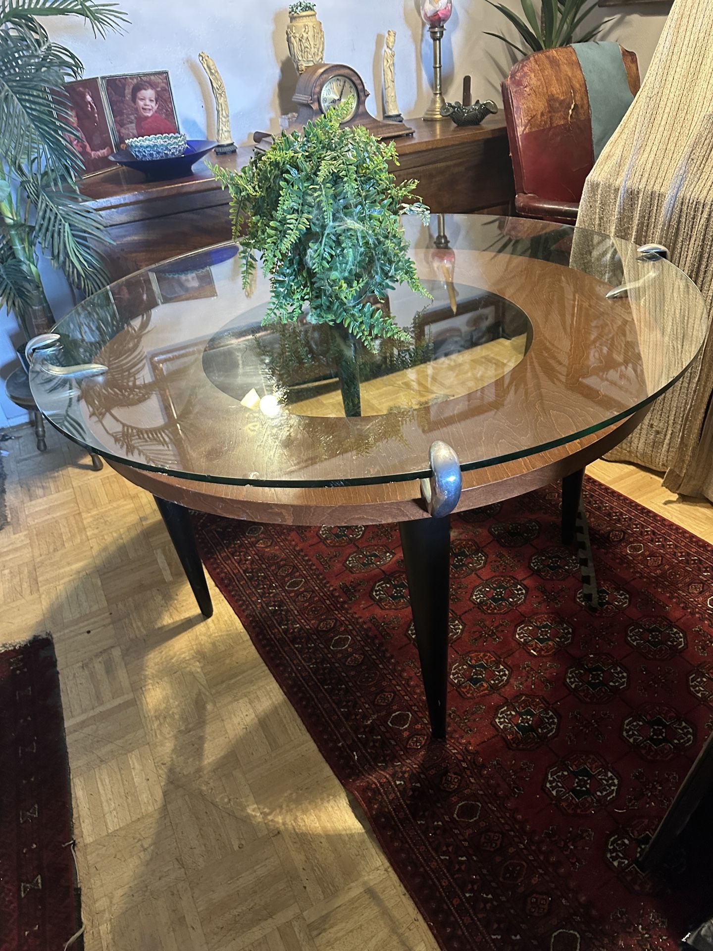 Modern Glass/Wood/Pewter Dining Table