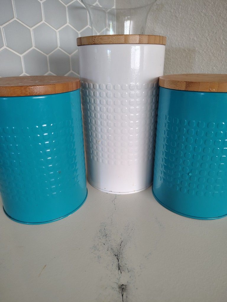 3 Beach House MN metal Storage Container Canisters W Bamboo Lids