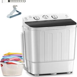 Portable Mini Twin Tub 18lbs Washing Machine With Drying Rack& 10 Hangers, 11lbs Washer & 7lbs Spinner, Small Laundry Washer with Time Control for Cam