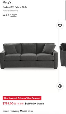 Macy’s Heavenly Mocha 86” 3-Cushion Couch & 36” Storage Ottoman