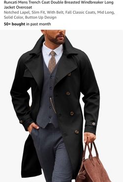 Runcati Men's Black Double Breasted Trench Coat