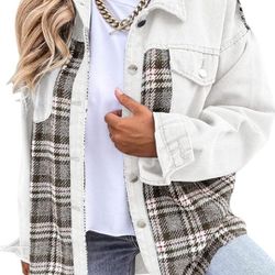 NEW! Women's Denim Long Sleeve Plaid Button Down Shacket Jacket (Medium White)