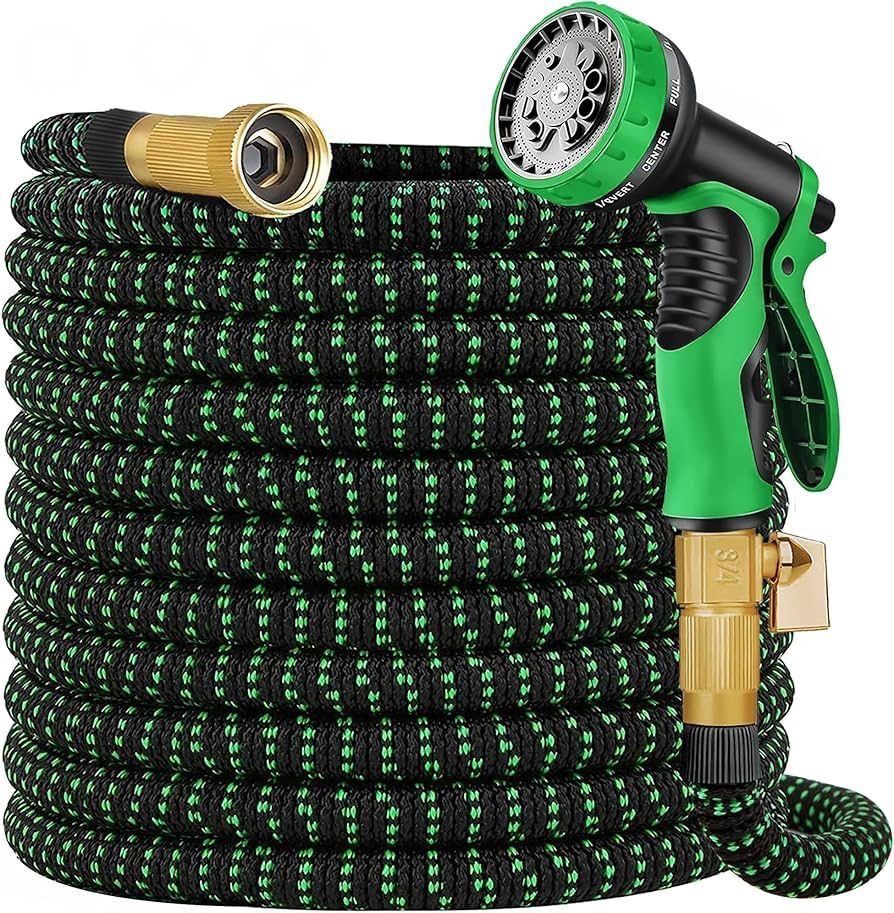 Expandable Garden Hose 100 ft - Kink Free Flexible Water Hose 100ft with 10 Pattern Spray Nozzle, 3/4 Solid Brass Connectors, Retractable Latex Core