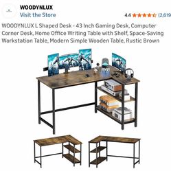 L Shaped Desk - 43 Inch Gaming Desk, Computer Corner Desk, Home Office Writing Table with Shelf, Space-Saving Workstation Table, Modern Simple Wooden 