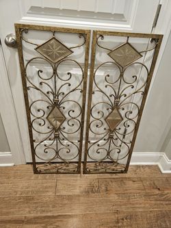 Two Brushed Gold Iron Window Shutter Decor Or Wall Art. Heavier Pieces.  40h X 14w