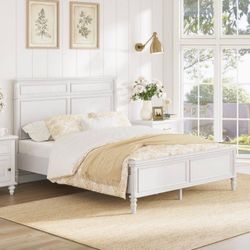 Black Friday Deal Atila Distressed White Modern Crown Molding Solid Wood Frame Queen Size Platform Bed with Headboard
