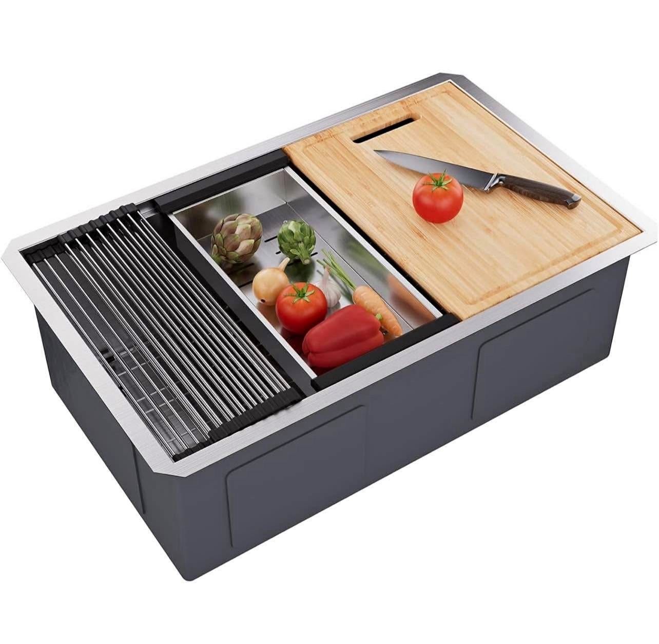 30x19 Undermount Kitchen Sink Workstation, WATERLACE Premium 16 Gauge 304 Stainless Steel Workstatio