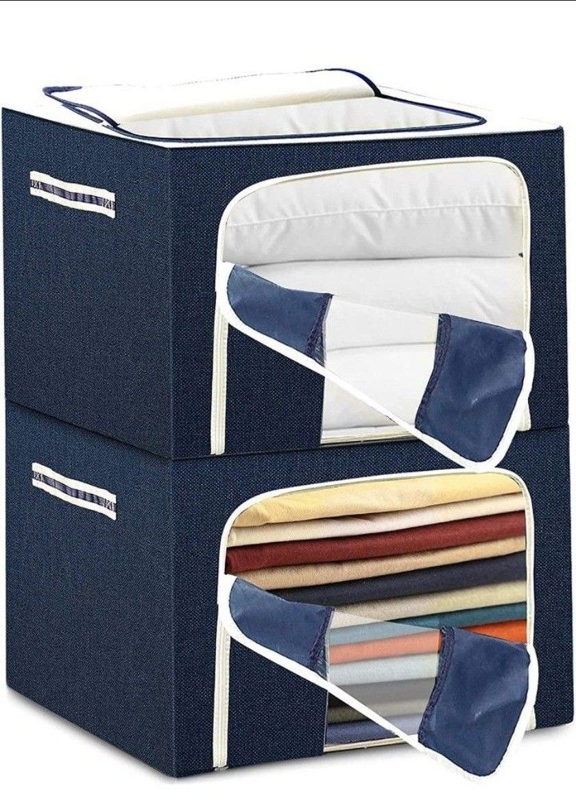 2-Pack Clothes Storage Container Set - 72L x 2 Closet Organizer Boxes With Steel Frame, Foldable (20"x15"x14")