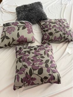 3 Surya Damask Floral Damask Decorative Pillows + 1 Grey Chenille Shag Style “NOODLE” Pillow