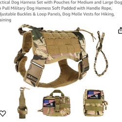 Tactical Dog Harness Set with Pouches for Medium and Large Dogs, No Pull Military Dog Harness Soft Padded with Handle Rope, Adjustable Buckles & Loop 