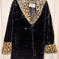 Vintage Style Faux Fur Leopard Trim Coat / Unique New York / Size M