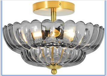 3 -Light 12 inch Modern Grey Semi Flush Mount Ceiling Light Modern Hallway Light Fixture with Flower Glass Shade, Close to Ceiling Lights for Kitchen