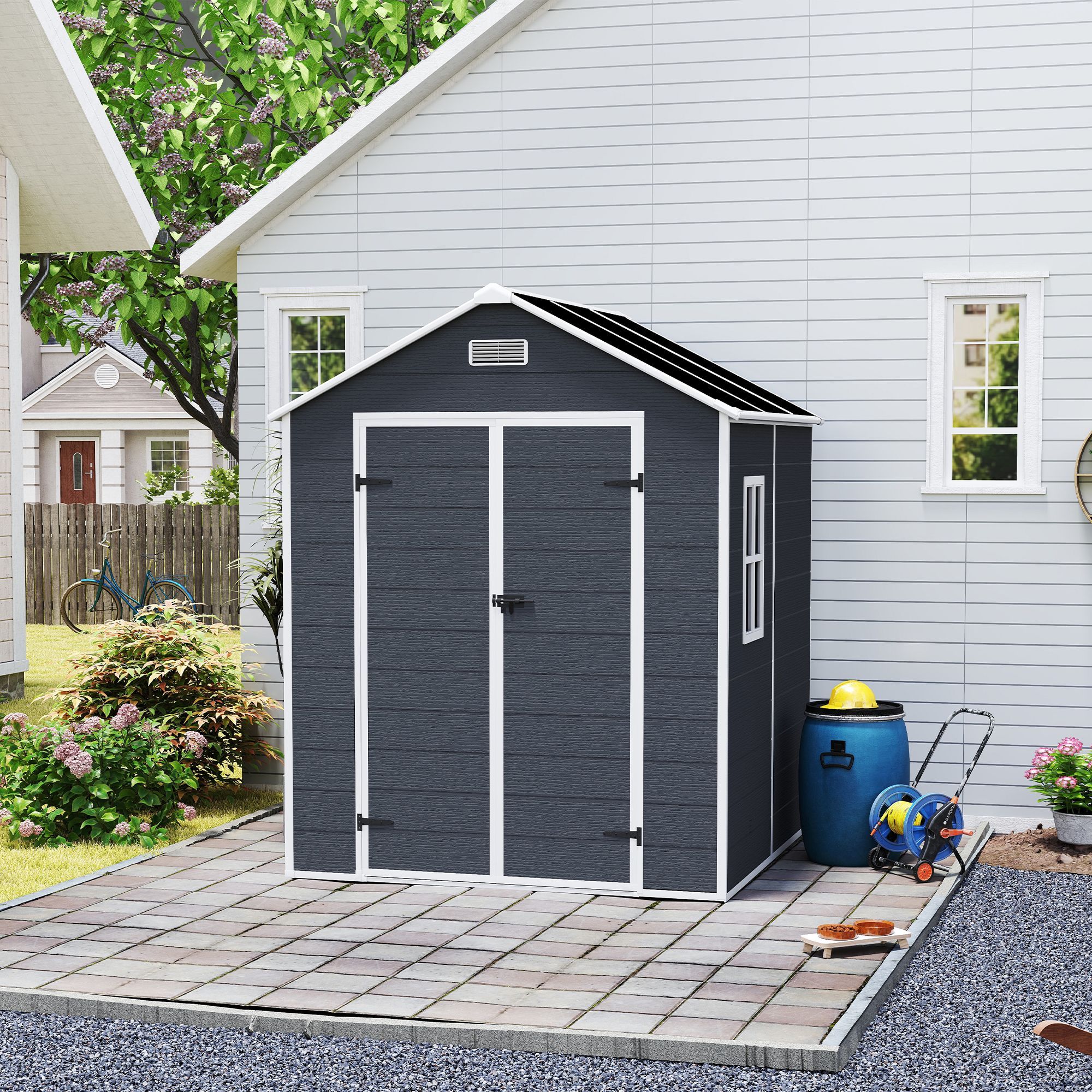 Campcraft 6*6ft resin storage shed, high quality pp material with Lockable Door,strong structure, waterproof, rust and UV proof, large storage space,