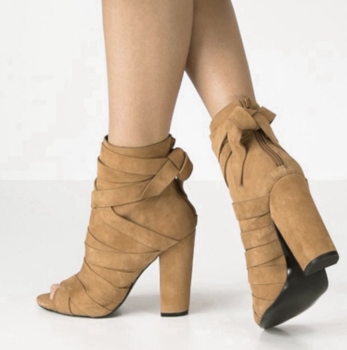 Aldo Brown Peep Toe Boots Suede Strappy Bootie Tan Beige Camel Size 6.5