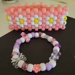 Pink Flower Kandi /Bead Cuff with Matching Friendship Bracelet 