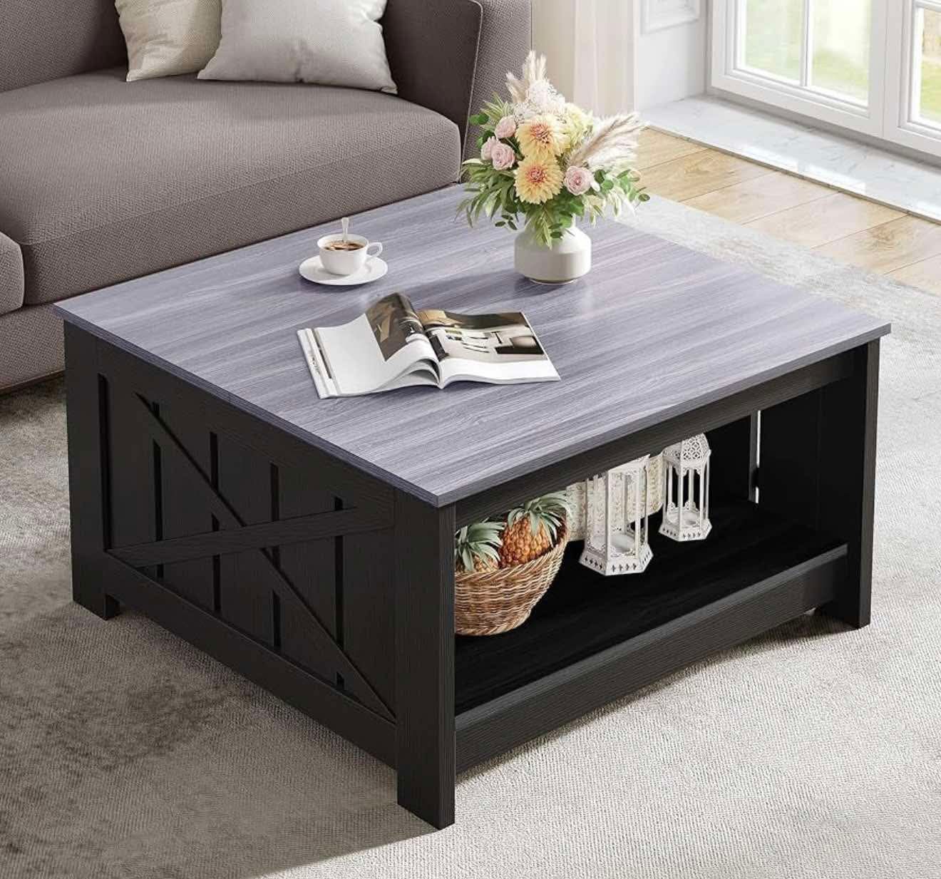 YITAHOME Farmhouse Coffee Table with Storage Rustic Wood Cocktail Table, Square Coffee Tables for Living Meeting Room with Half Open Storage Compartme