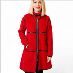 NWT Pretty Garden Sherpa Coat Faux Leather Contrast Binding Trim Zipper Red Medium