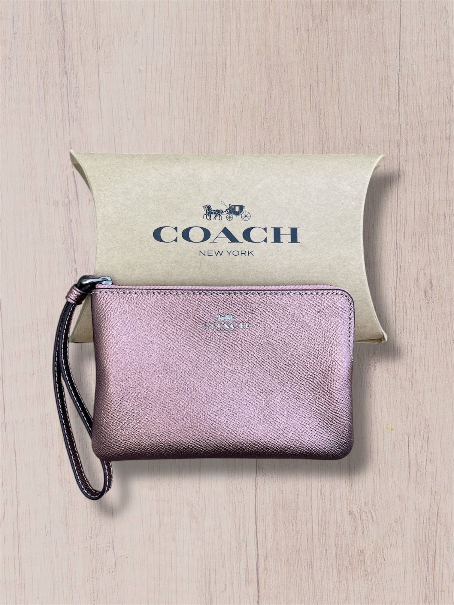 Coach Metallic Dark Blush corner zip wristlet