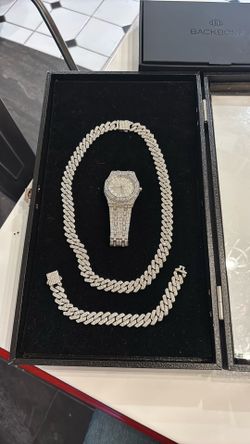 Iced Out Cuban Link Jewelry Set with Watch