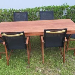 BRAND NEW OUTDOOR 100% FSC SOLID WOOD 82" TABLE WITH 6 BLACK SLING AND WOODEN CHAIR
